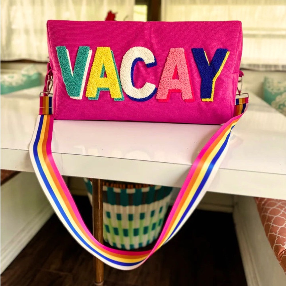 Hot Pink Corded Weekender Bag | Vacay Embroidered Patch | Rainbow | Tassel | NWT